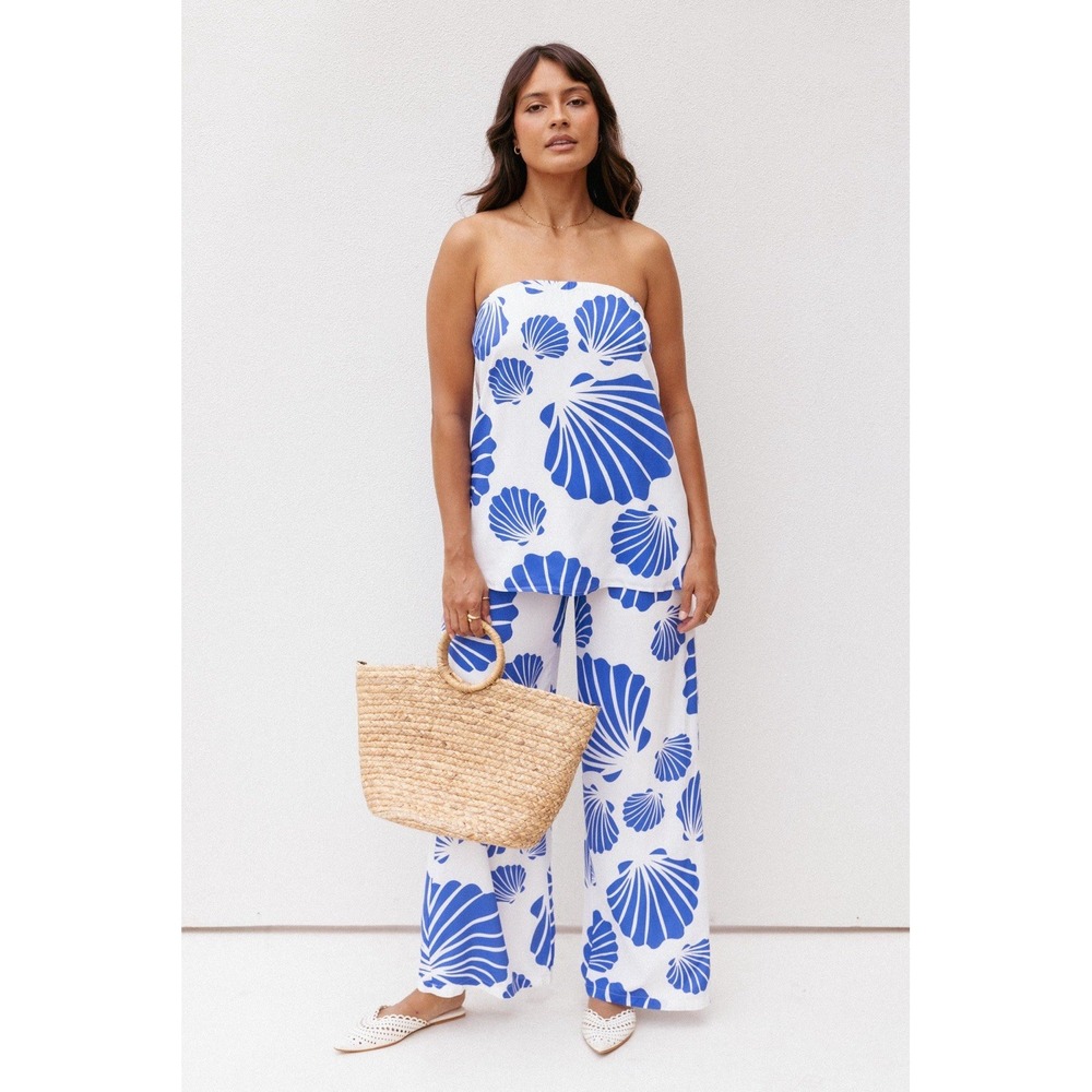 PETAL AND PUP Kristy Pant Set Size XL Blue Shell Print Strapless Top Lined 2PC